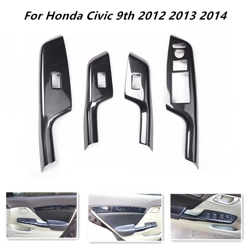 For Honda Civic 9th 2012 2013 2014 Car Door Armrest Window Lift Switch Button Decoration Cover Carbon fiber Stickers Accessories