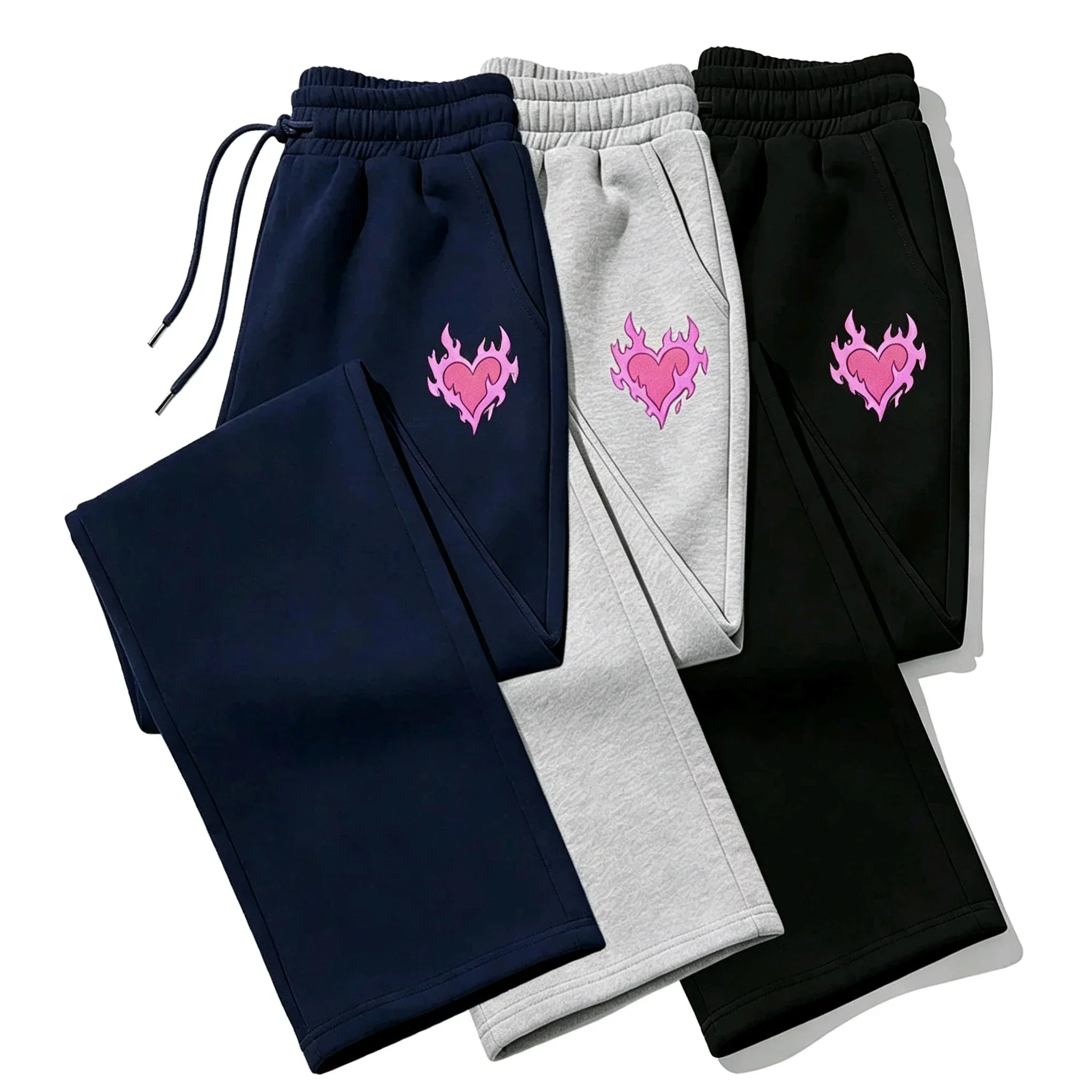 Women's loose straight-leg workout pants - Best-selling flame heart print - Elastic drawstring design - Casual jogging pants