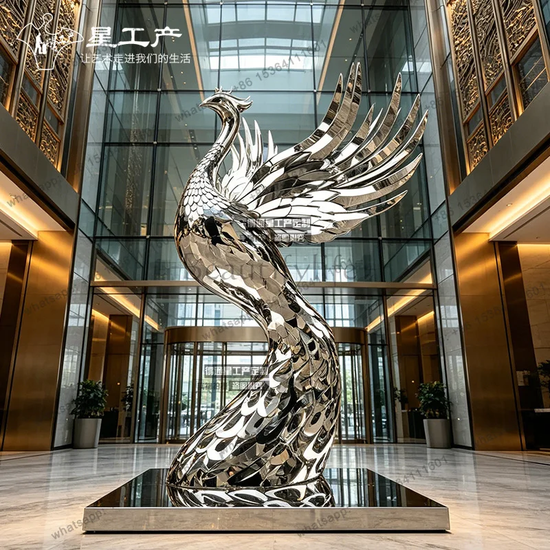 Stainless steel phoenix mirror metal art ornament hotel lobby sculpture