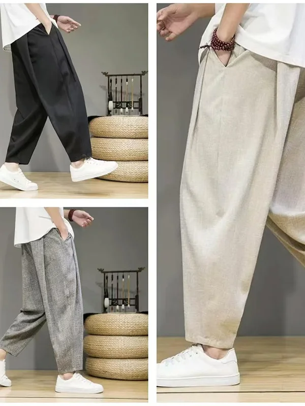 

Мужские летние тонкие дышащие брюки свободного кроя с широкими штанинами, утягивающие, укороченные, модные, из хлопка и полиэстера, эластичные