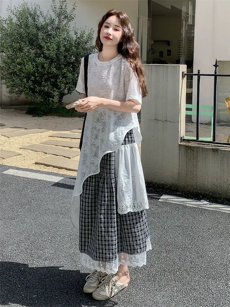 

Lace Dr Set Women's Summer 2025 Plaid Skirt Two-Piece Set Lazy Sle Beautiful Layering Korean Sle Straight Cut