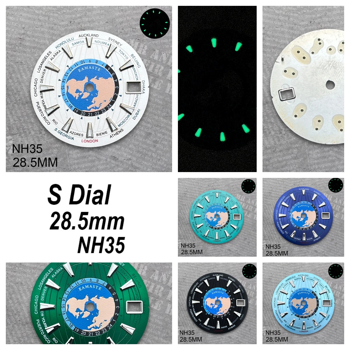 

28.5 mm S Logo Dial Suitable For NH35/NH36 Japan Movement Green Luminous World Map Quality Dail Watch Modification Accessories