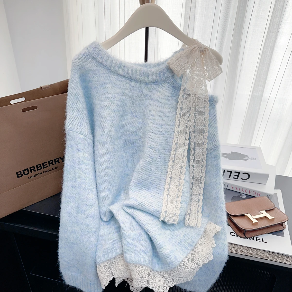 2025 New Sweet Off Shoulder Sweater Women's Autumn/Winter Lace Bow Blue Knitted Shirt Top Classic O-Neck Long Sleeve Pullover