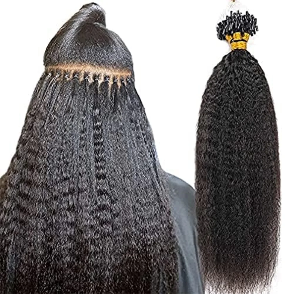 وصلات شعر بشري منغولي مع حبات صغيرة ، ميكرولينك ، حلقة صغيرة ، خشنة ، أحادية اللون ، كينكي ، مستقيم ، ياكي إيطالي ، جي ،