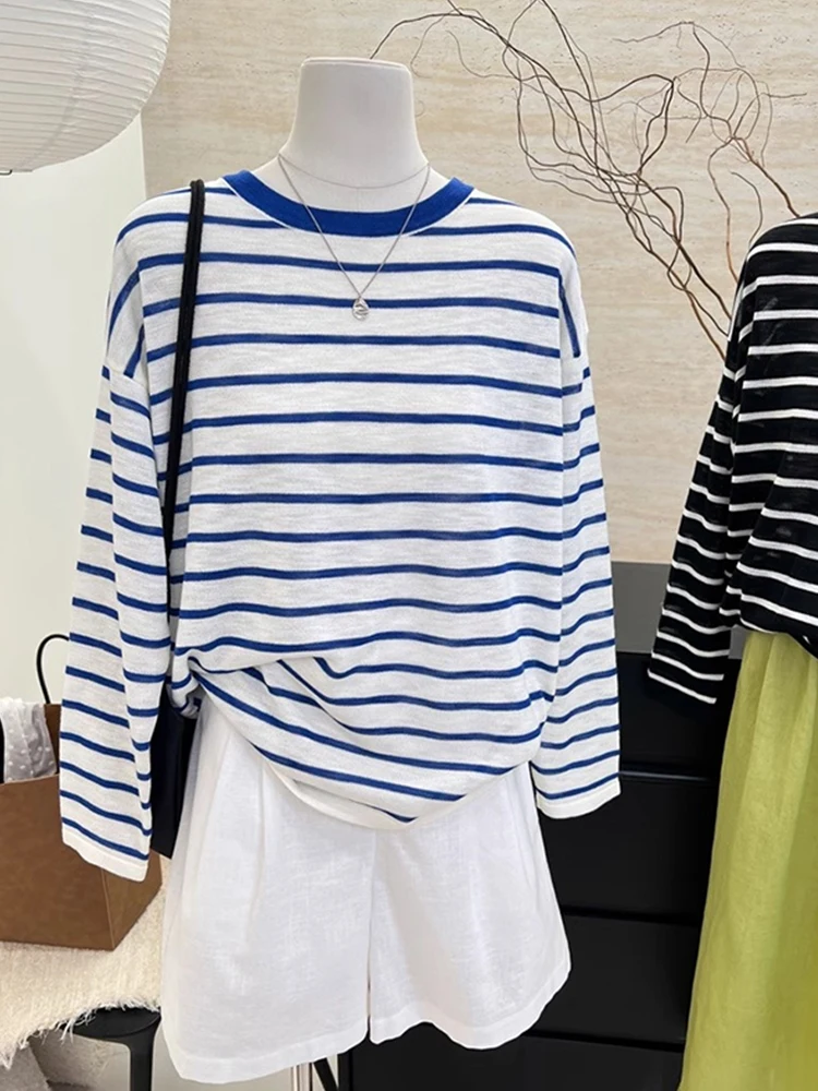 

Korean Loose Striped Color Blo Sun Protection Knitwear Casual Versatile Hoodie Faionable Top for Young Women 25-29