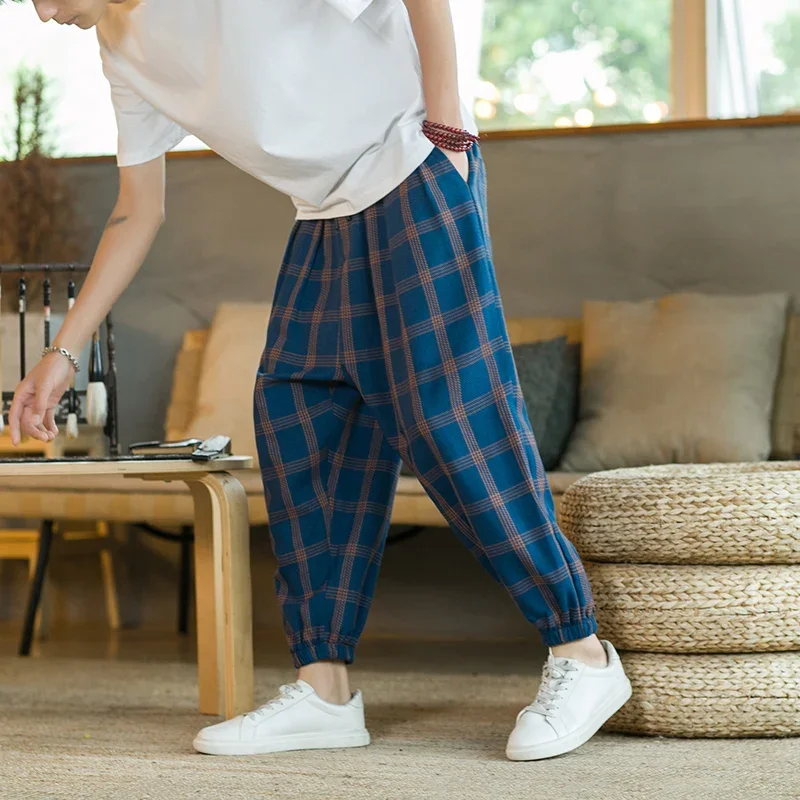 Pop Men Harajuku หลวม Harem กางเกงผู้ชายฤดูร้อน Lattice กางเกงชายหาด Joggers กางเกงชายวินเทจสไตล์จีนกางเกง