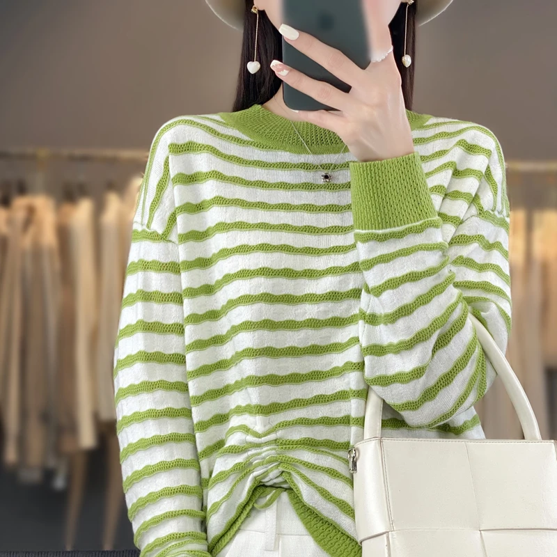 

Fine Imitation Wool Striped Long Sleeved Women's Spring Summer 2023 New Round Neck Westernized Breathable Color Matching Sweater