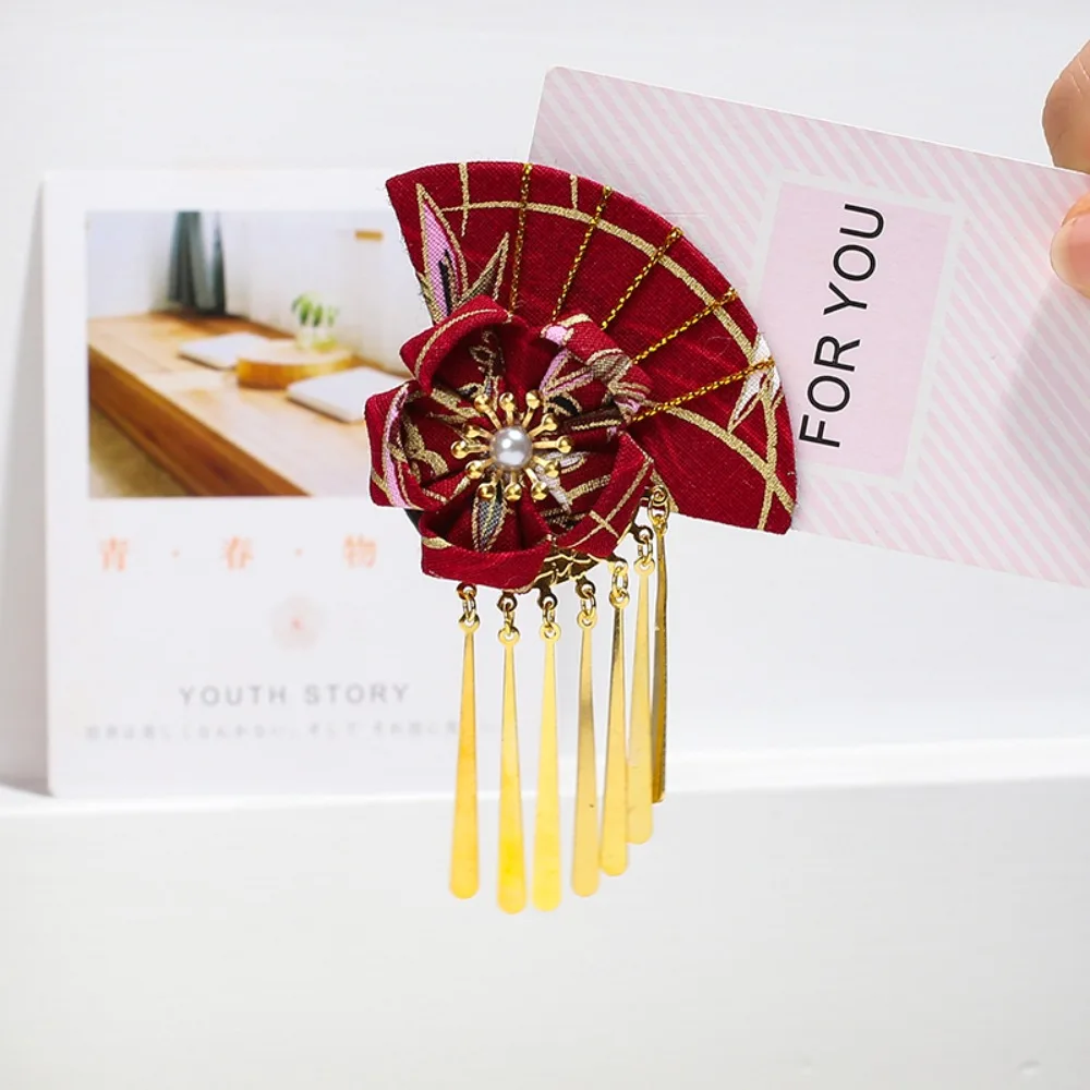 

Cute Elegant Kimono Hair Clip Metal Tassel Traditional Fan Shape Hairpin Sakura Flower Cloth Flower Hair Accessories Cosplay
