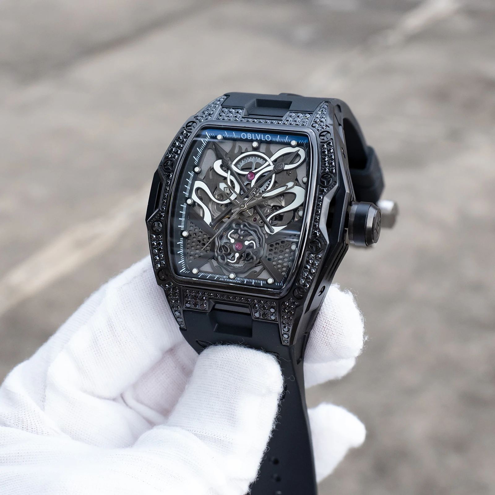 OBLVLO Men's Black PVD Tonneau Hollow Frame Automatic Watch Waterproof Artificial Sapphire Rubber Band Sport Clock ZM-NZ