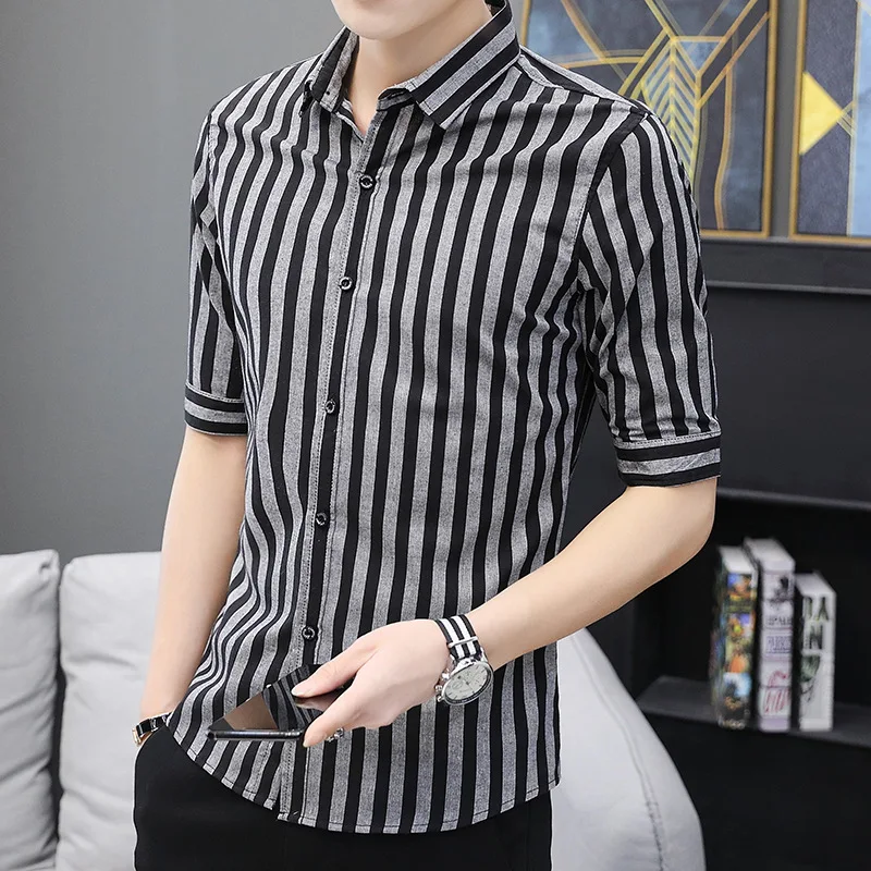 2026 Summer New Style Men's Fashion Casual Short-Sleeved Striped Korean Edition Slim-Fitting Shirt