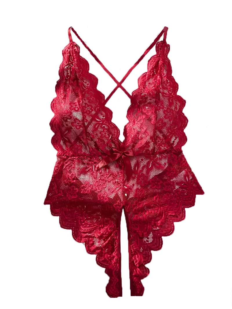 Red Hollow Combination Bodysuit Backless Strapless Costumes Mesh Lace One-piece Sleepwear Pajama Underwear Crotchless Catsuit