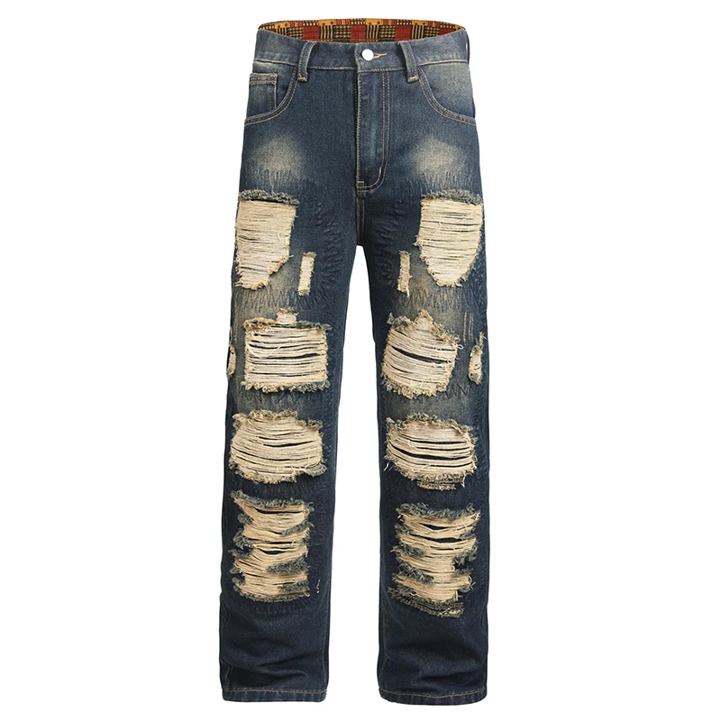 2026  Street Wear HIP Hop Y2K Hole Denim  American Retro Washed Denim Trousers High Street Trendy Brand Couple Long Trousers