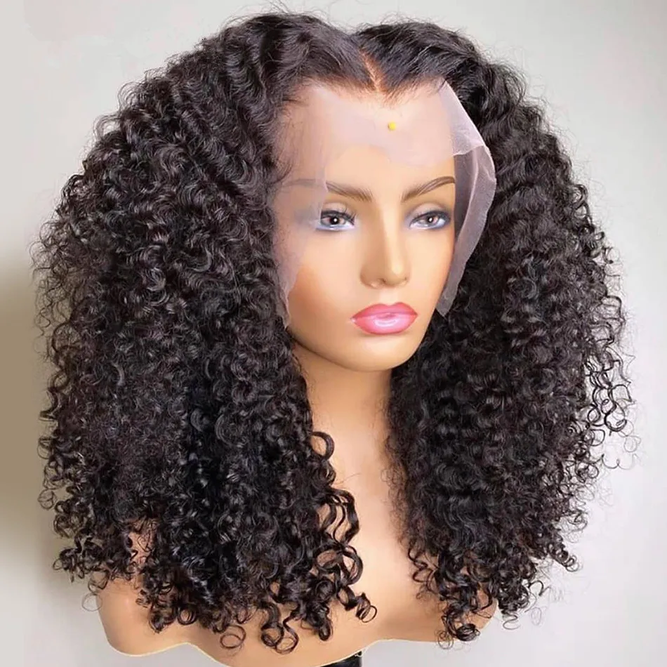 Macio natural preto longo sem cola kinky encaracolado 180 densidade 26 Polegada peruca dianteira do laço profundo para mulheres com cabelo do bebê pré-arrancado diariamente