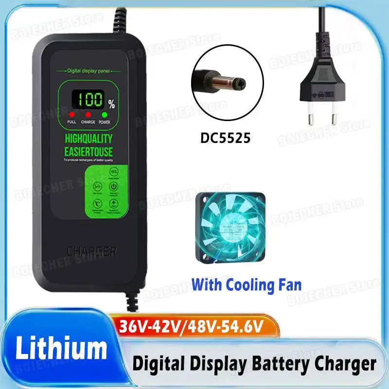 36V 42V / 48V 54.6V 2A 5A Digital Display Lithium Battery Charger Newly Upgraded Power Supply Adapters DC5525 With Fan EU Plug