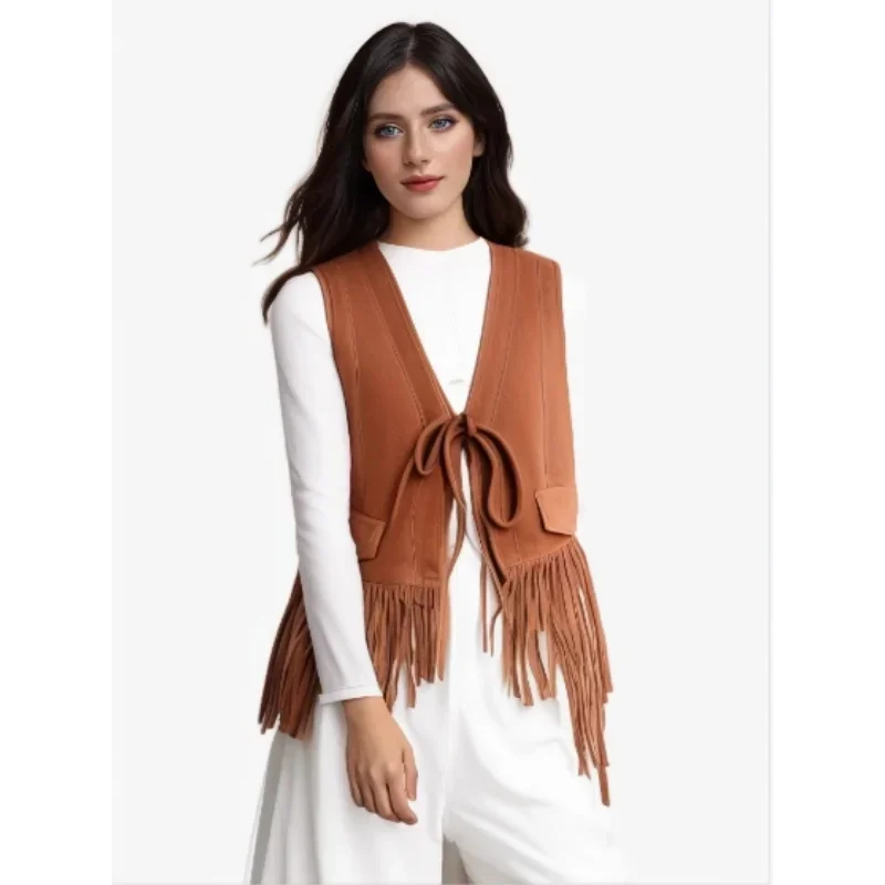 سترات نسائية من الجلد الطبيعي سترة معطف عتيق لربيع وخريف رعاة البقر الغربية من جلد الغنم المدبوغ شرابة ملابس بني داكن برباط علوي