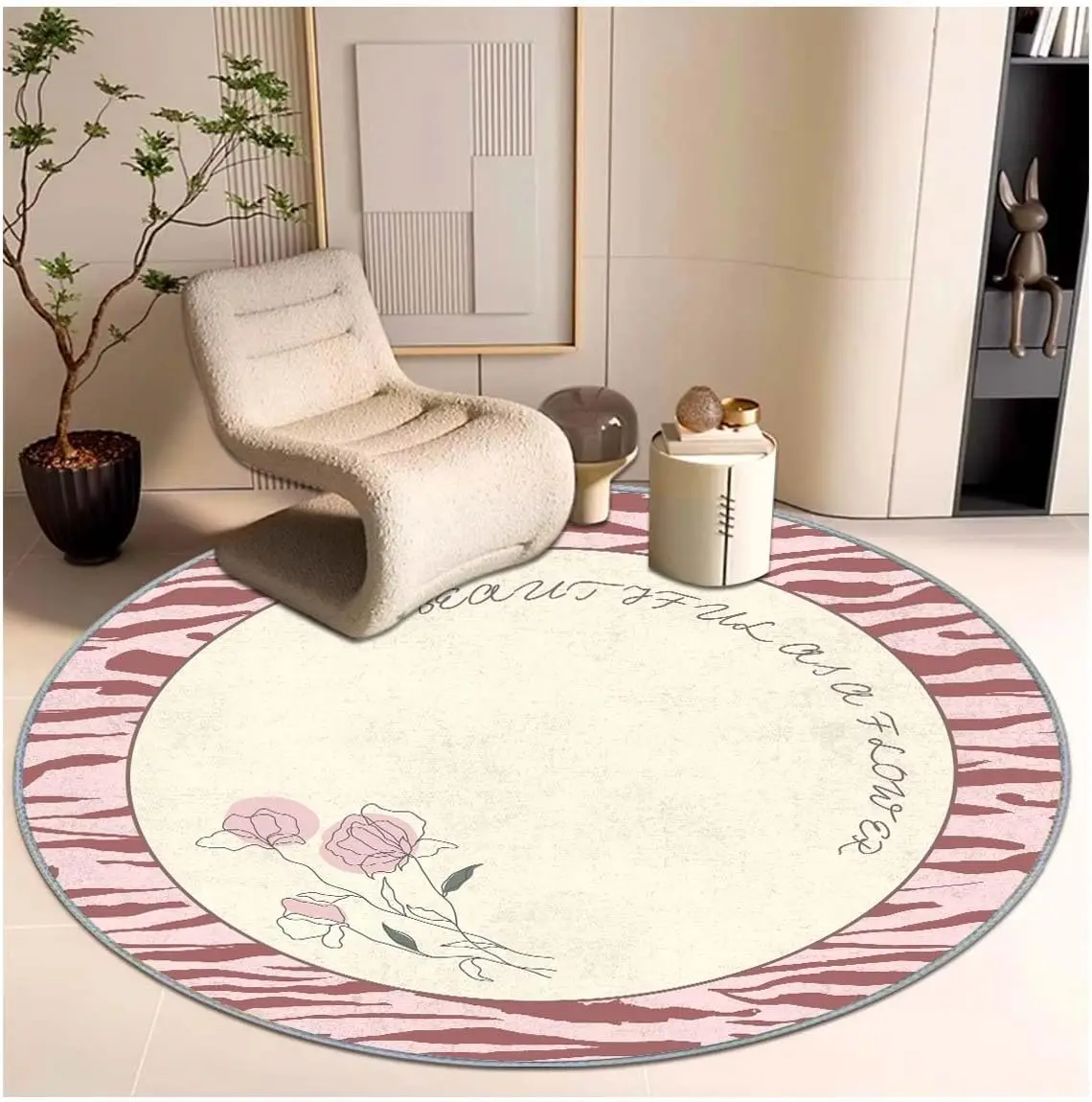 Zebra Print Border Round Rug Cream Center Pink Roses with Quote Beautiful as a Flower