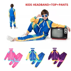 New Kids Boys Girls 80s 90s Sportswear Suit Retro Disco Hip Hop Costume Fashion Patchwork Long Sleeve Zipper Coat Trousers Suit