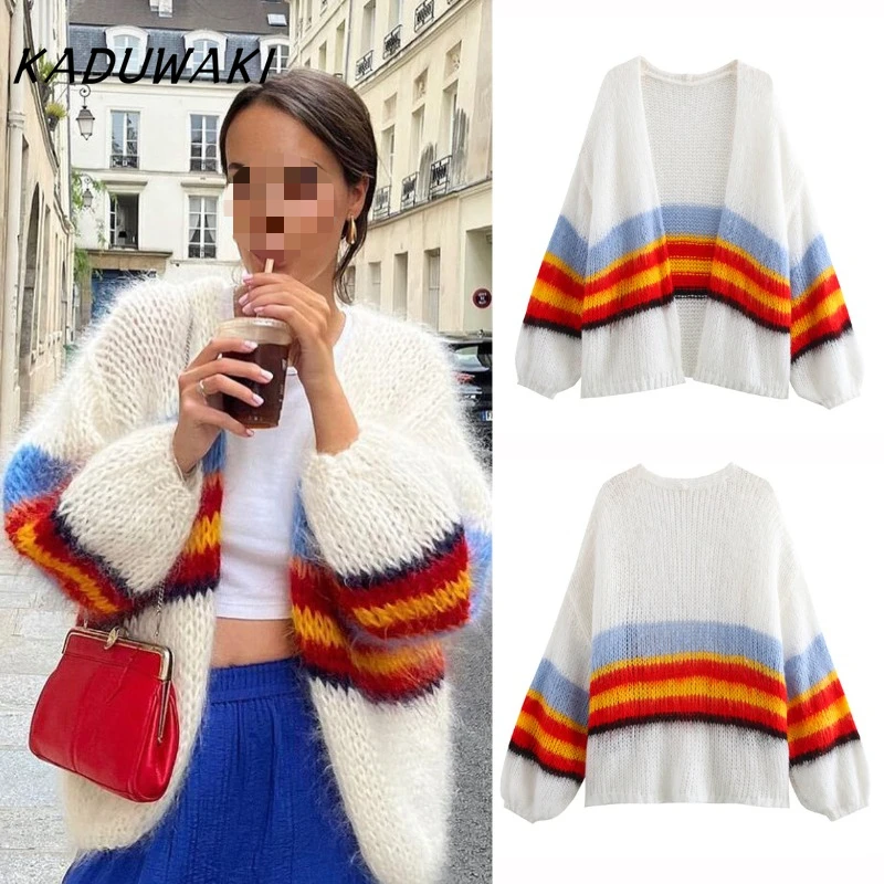 KADUWAKI Fashion Retro Striped Long-sleeved Casual Loose Sweater Autumn/Winter Color Collision Knitted Cardigan Women كارديجان