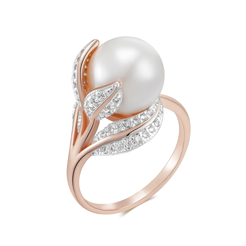 Wbmqda White Big Pearl Rings For Women 585 Rose Gold Color Luxury Wedding Zircon Jewelry Gifts