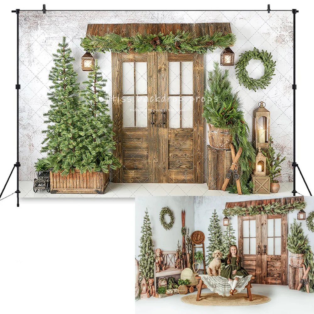 Antique Festive Foyer Backdrops Kids Family Xmas Photography Props Christmas Trees Wooden Door Backgrounds