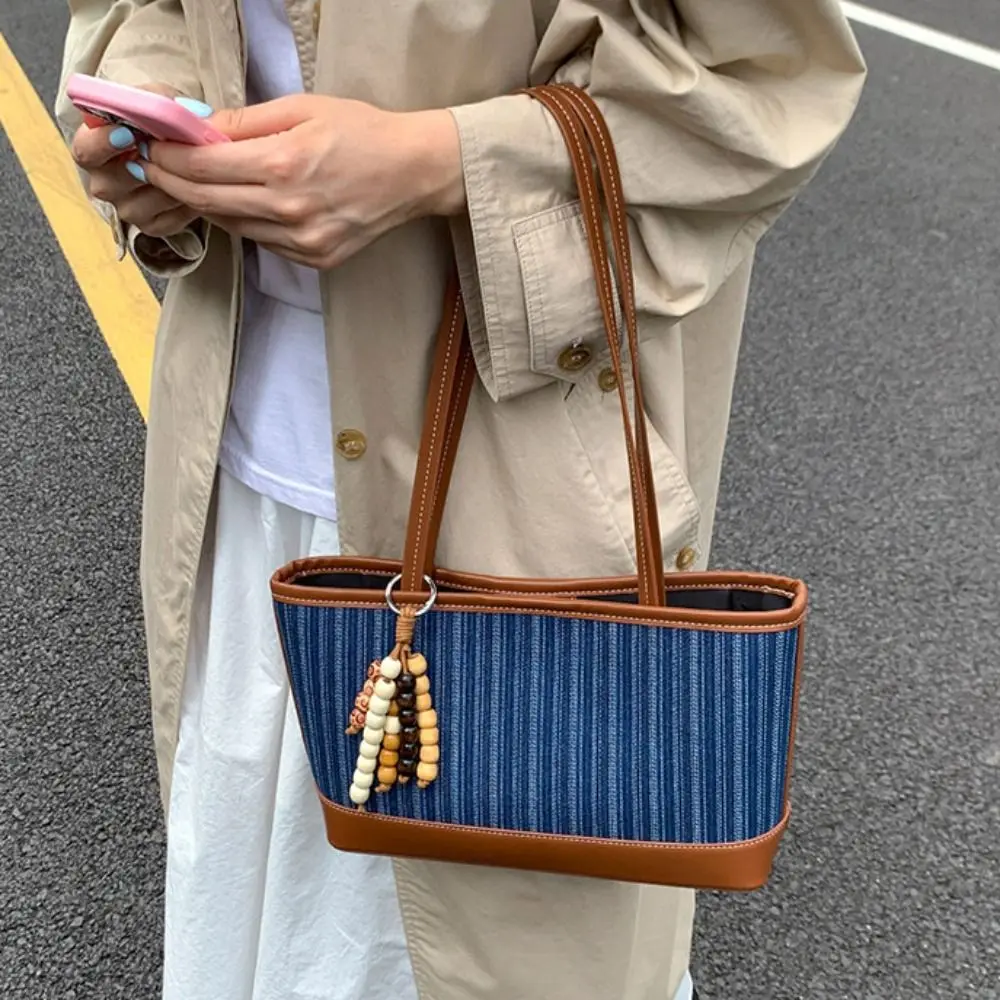 

Large Capacity Denim Splicing Tote Bag Handbag Korean Style Simple Shoulder Bag Storage Bag All-match Ins Square Tote Bag