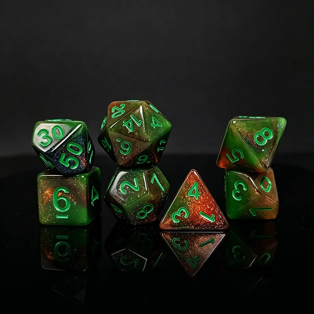 7Pcs Green Brown Nebula Glitter Acrylic Polyhedral Dice Set DND RPG D4 D6 D8 D10 D% D12 D20 Tabletop Role Playing Board Game