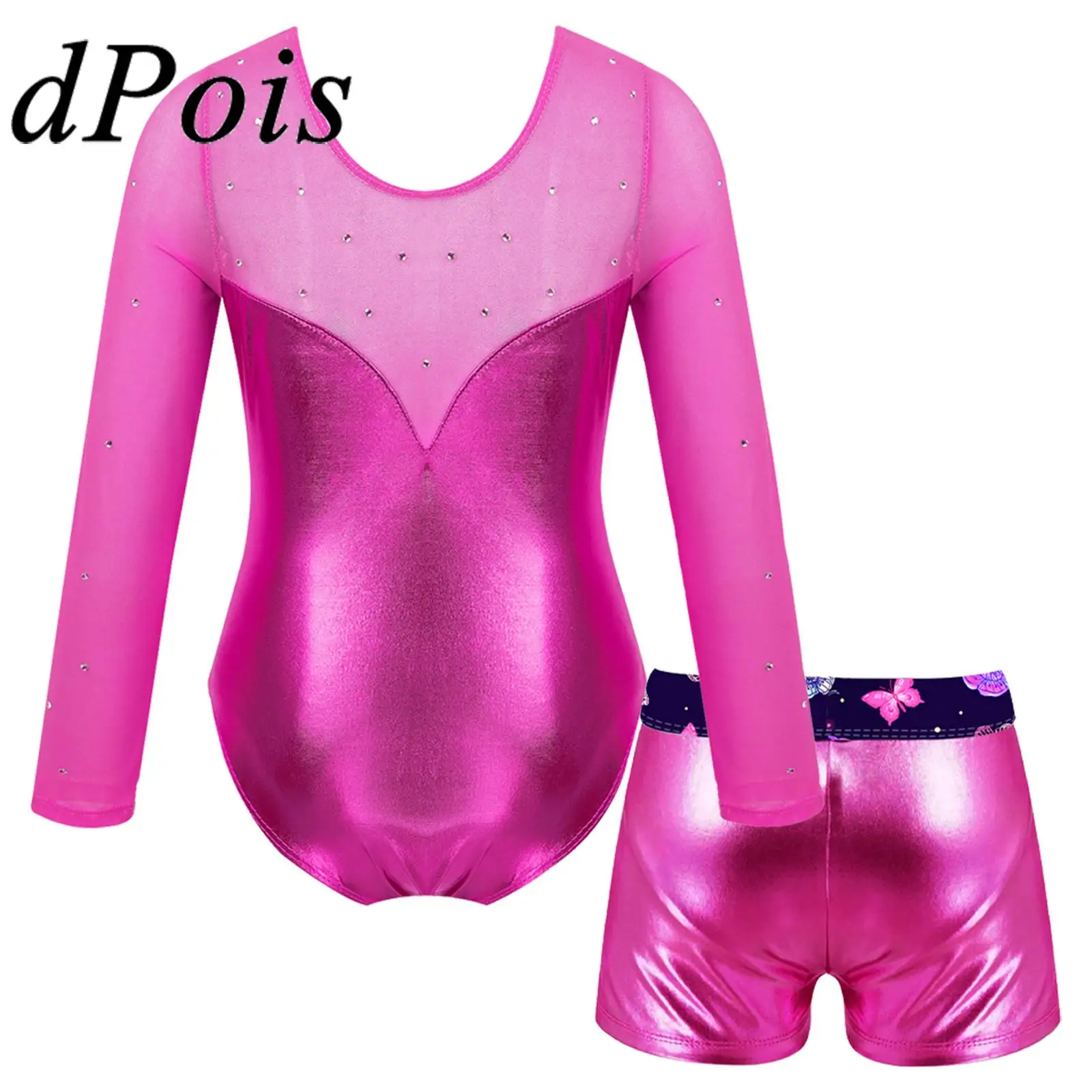 

Kids Gymnastics Jumpsuits Long Sleeve Metallic Shiny Rhinestones Dance Leotard + Shorts Dancewear Sets Children Ballet Outfit