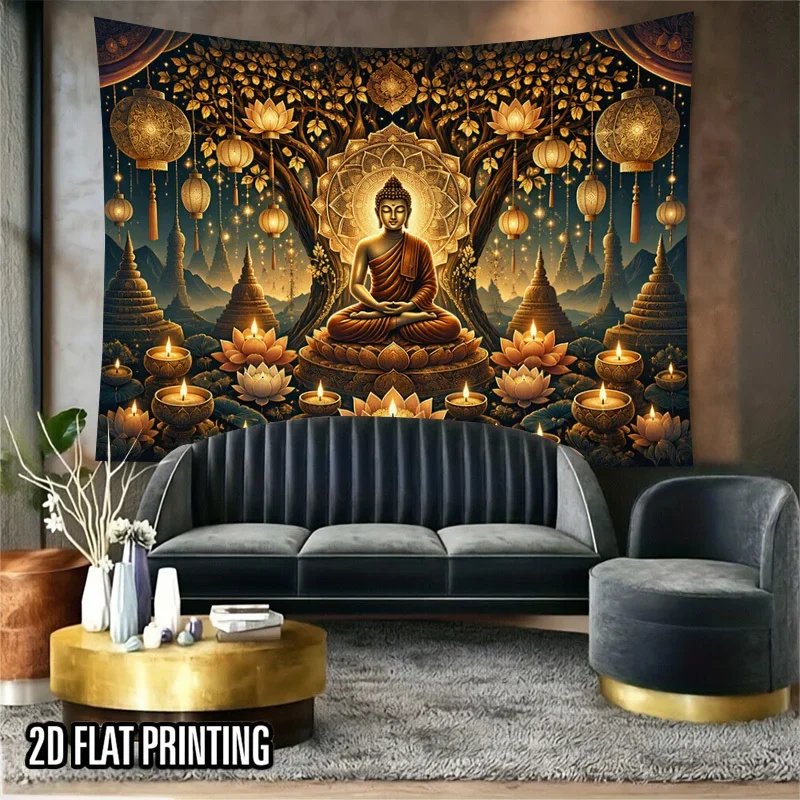 VIKAMA Buddha under Bodhi Tree Tapestry Lantern Lotus Wall Hanging Warm Decor for Bedroom Living Room Dorm Zen Art