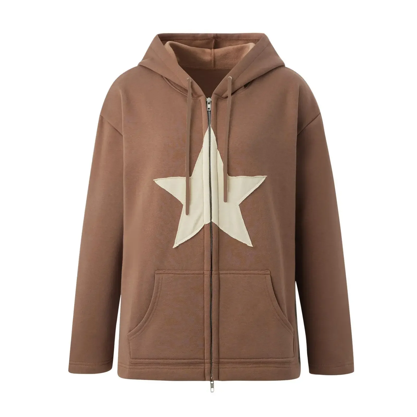 Women Vintage Star Print Hoodies Fashion Casual Zip Up Long Sleeve Loose Jacket Coats Harajuku Hooded Sweatshirts Y2k Streetwear