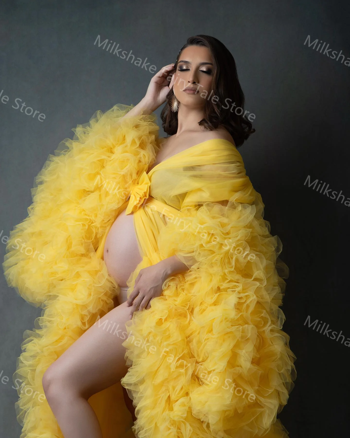 Vestidos de Noche de línea A para mujeres embarazadas, ropa de maternidad con volantes escalonados, mangas largas, abertura frontal, color amarillo