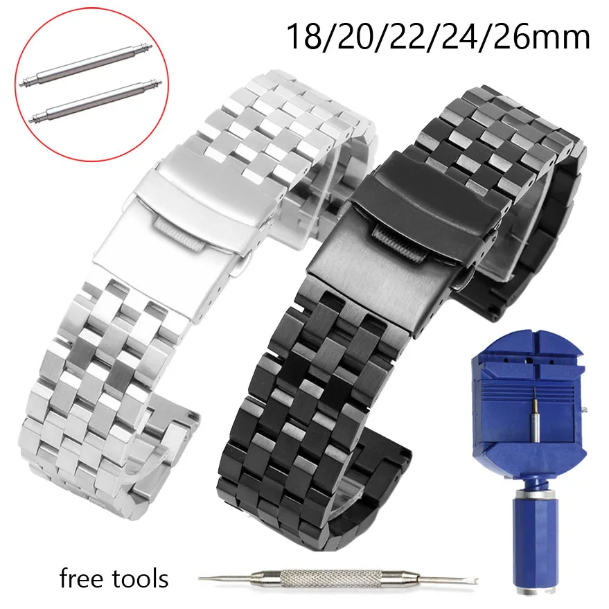 5 Beads Solid Stainless Steel Watch Band Brushed Metal Strap Double Lock Safety Clasp Wristband Bracelet 18 20mm 22mm 24mm 26mm