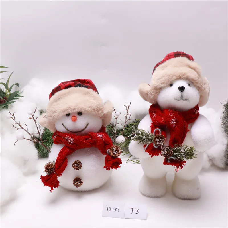 Christmas decorations, white cotton thread bear, flocked bear, penguin and glitter deer ornaments, window layout props