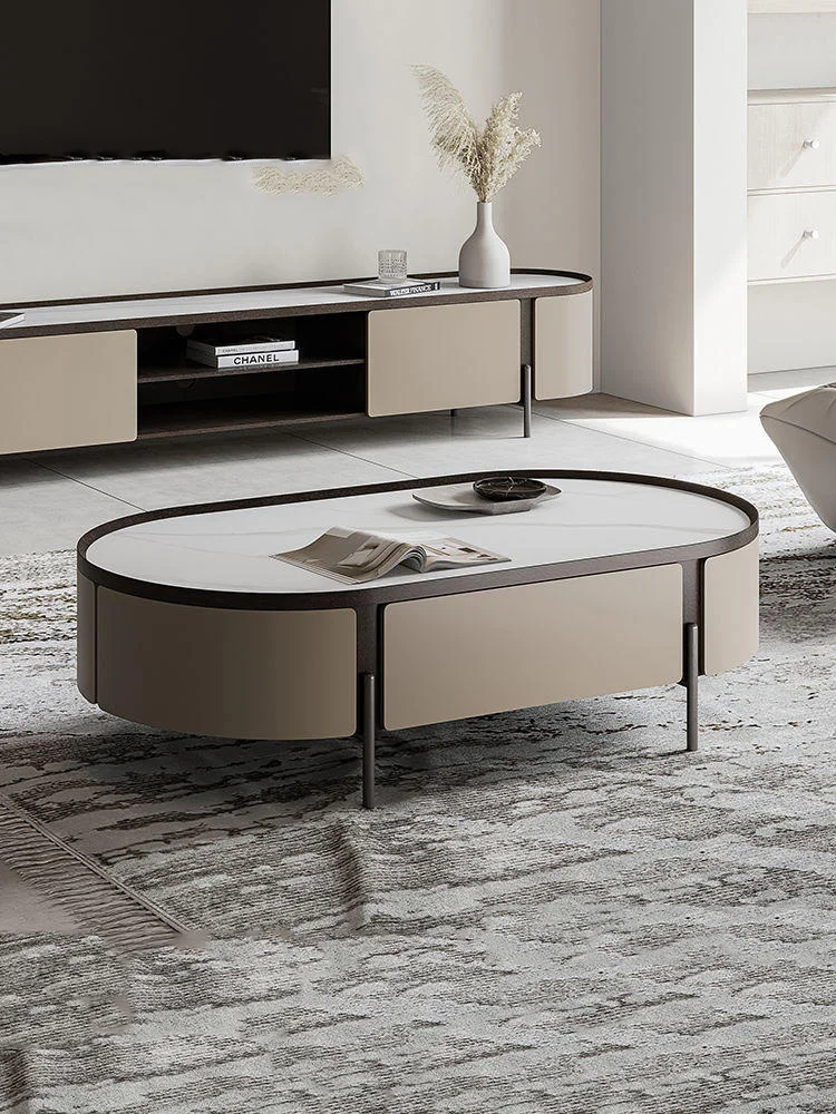 

Italian Light Luxury Stone Plate Coffee Table TV Cabinet Modern Home Creative High Sense Oval Combination