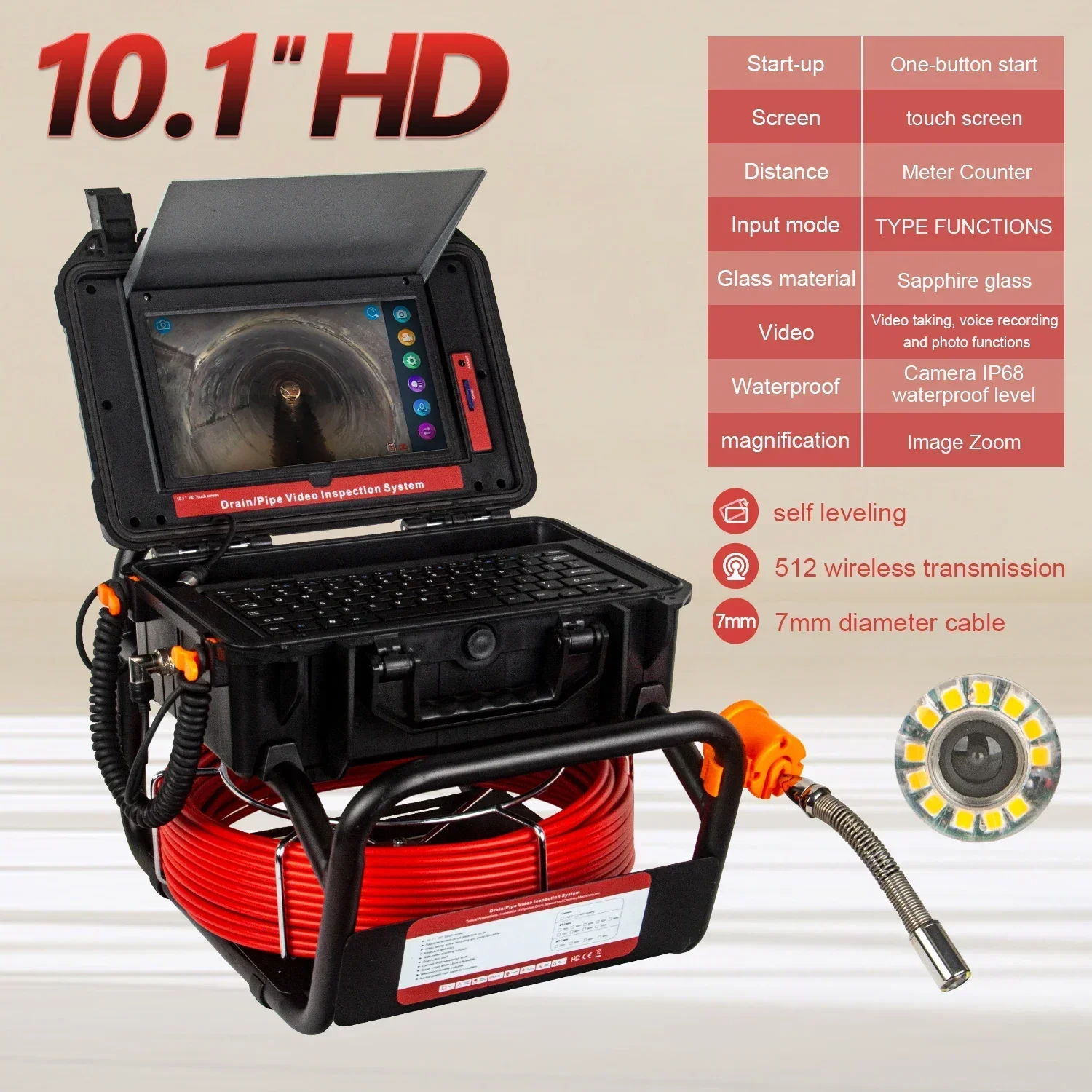 

Pipe Inspection Camera 10.1inch1080P Screen,SYANSPAN Sewer Endonscope Self-Leveling 512HZ Sonde/Transmitter Meter Counter 30/50M