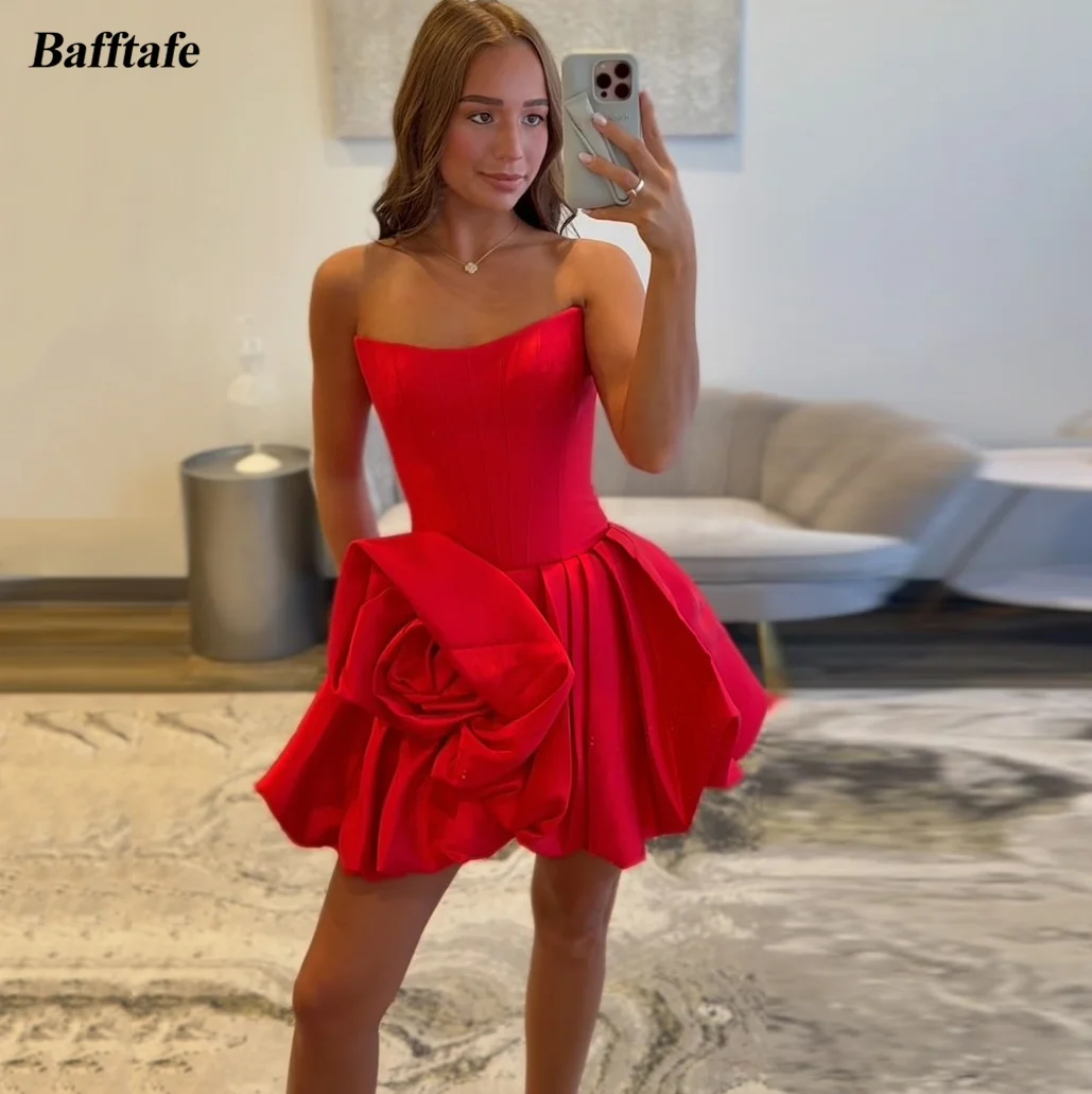 

Bafftafe Customized Red Mini Prom Dress 3D Flowers Satin Saudi Arabic Women Formal Occasion Party Homecoming Gowns Evening Dress