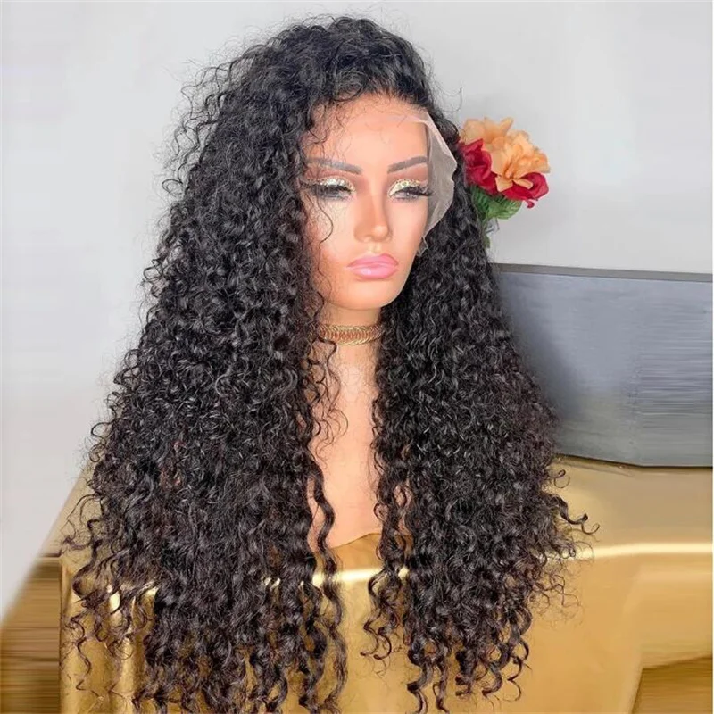 

26inch 180%Density Preplucked Kinky Curly Heat Resistant Black Lace Front Wig For Women BabyHair Glueless Daily Fashion