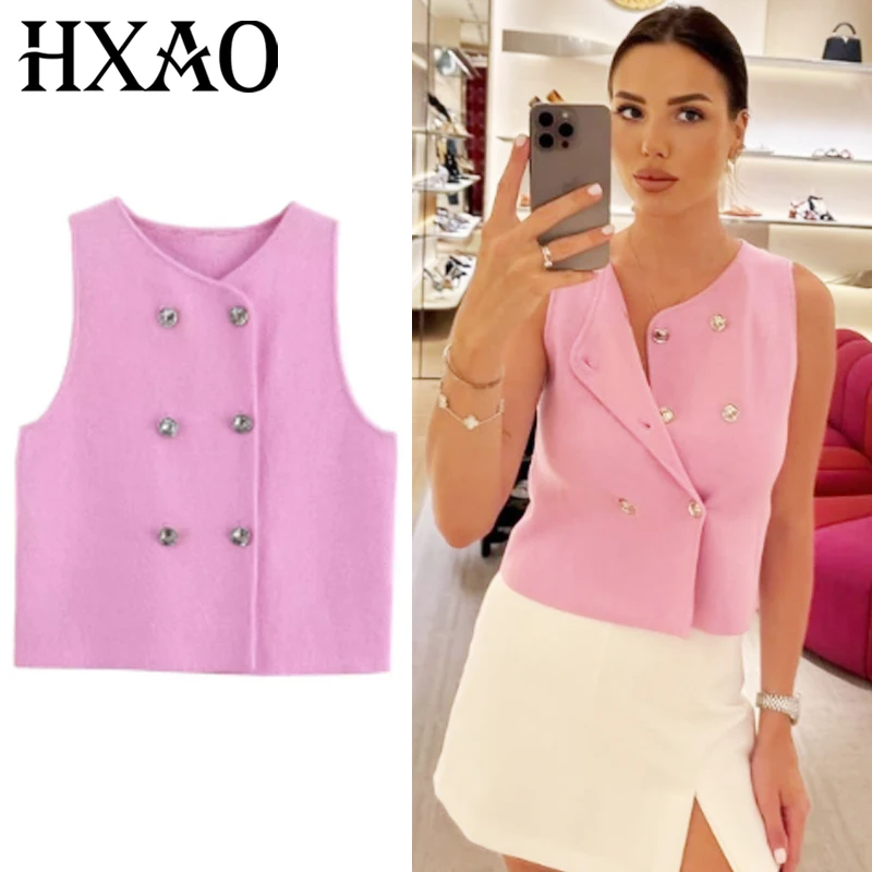 

HXAO женский жилет, укороченный вязаный жилет, лето 2023, шикарный двубортный жилет без рукавов с круглым вырезом, женские красивые женские свитера