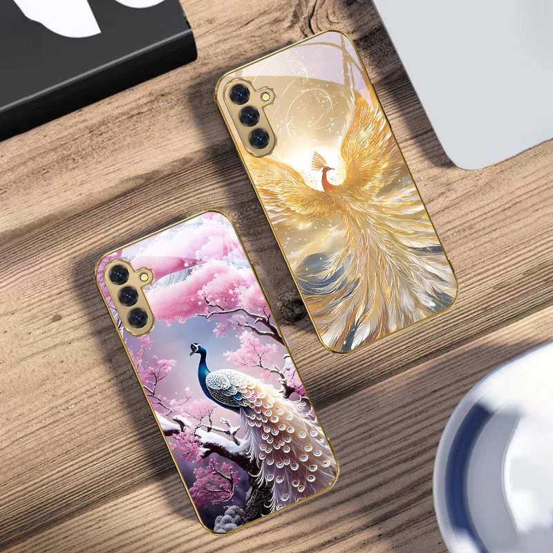 حافظة لهاتف سامسونج جالاكسي S20 FE S21 S22 S23 Plus S24 Ultra 25Ultra S21+ S9+ S22Plus حافظة هاتف زجاجية ذهبية محظوظة