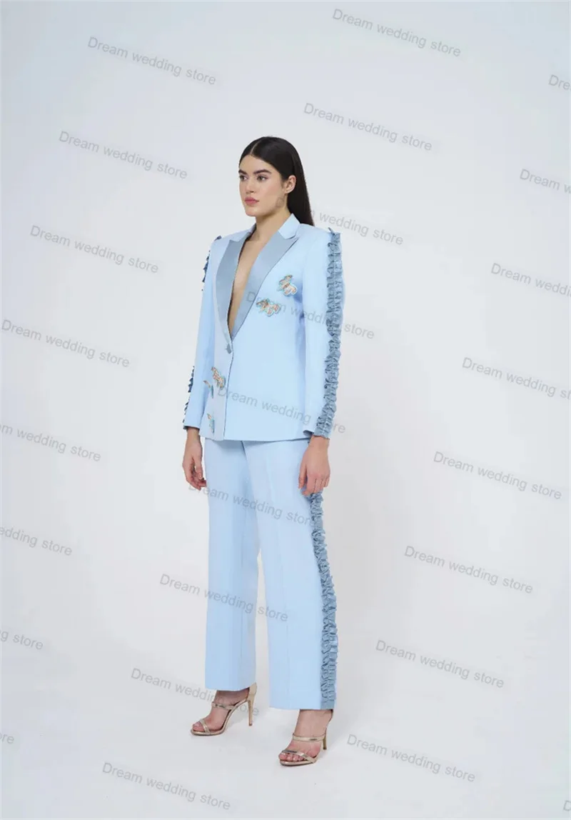 

Sky Blue 2 Pieces Women Suits Pant Set Blazer+Trousers Butterfly Formal Office Lady Wedding Tuxedo Jacket Tailored Prom Dress