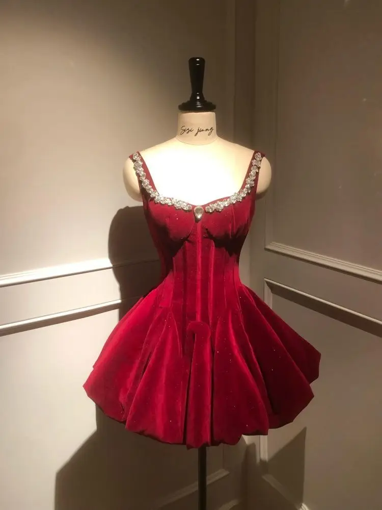 فستان فرنسي عتيق أنيق للأميرة باللون الأحمر للنساء Y2k تصميم مثير من الدانتيل فستان سهرة هاراجوكو كوري أنيق لحفلات أعياد الميلاد #1