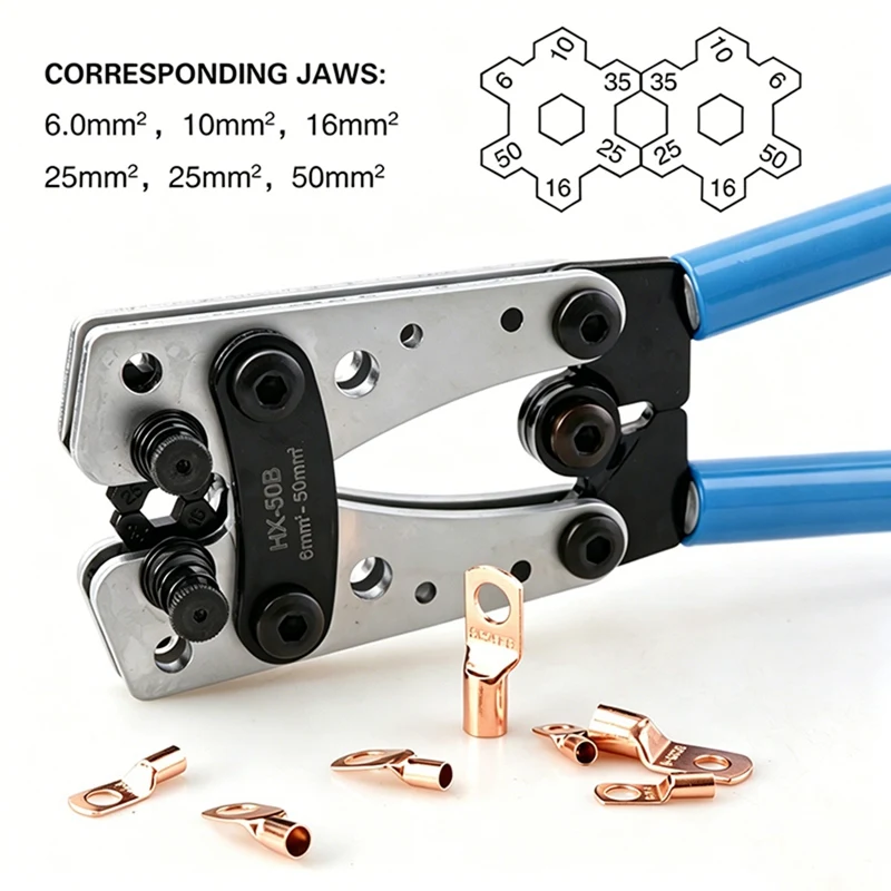 SHGO Professional for HX-50B Crimping Tool Pliers for Copper Lugs 6-50mm², Rotating Dies, 120Pcs Electrical Terminal Set