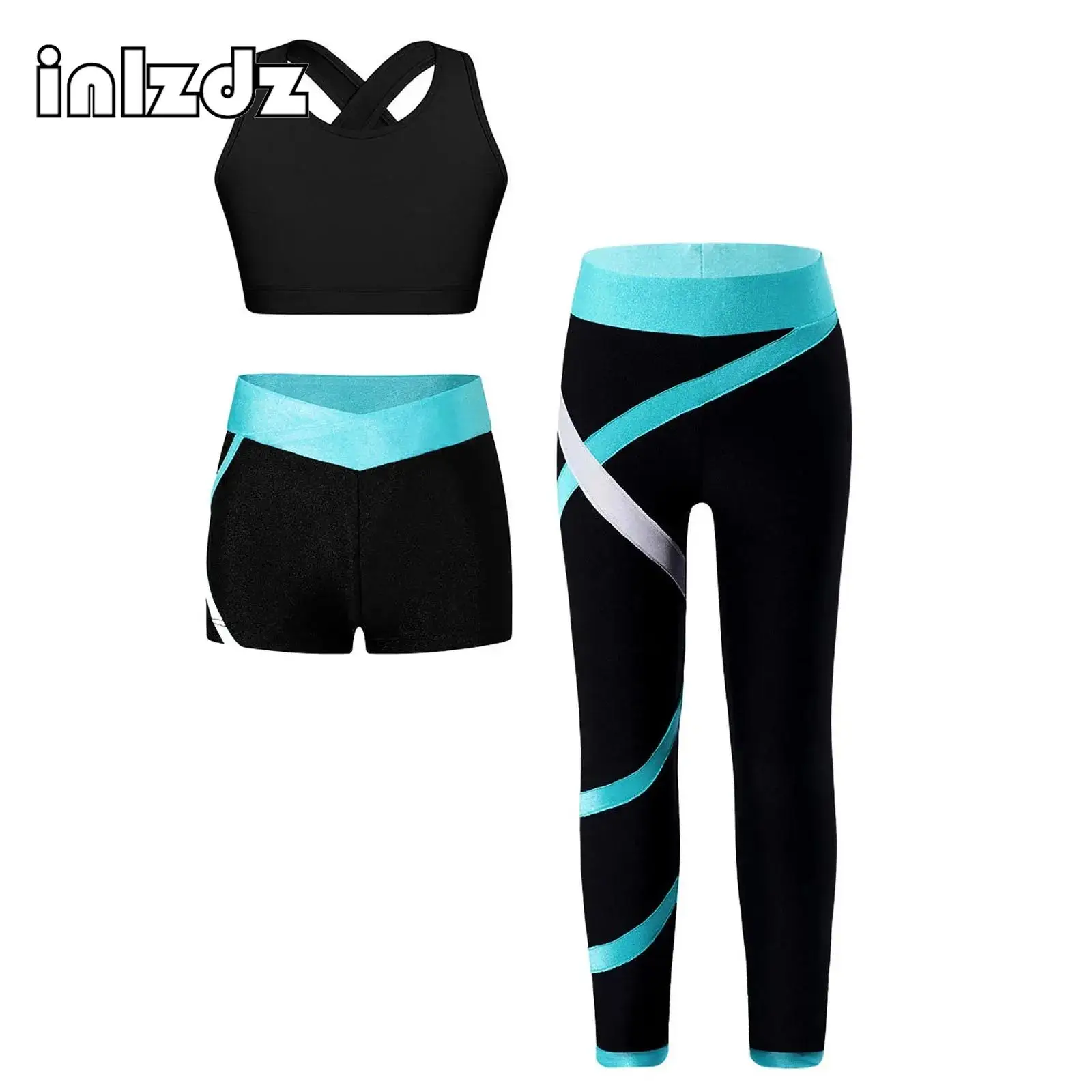 Kids Girls Ice Figure Skating Bra Tops Pants Set Teens Trousers Top Shorts Leggings Gymnastics Training Practice Fitness Suit