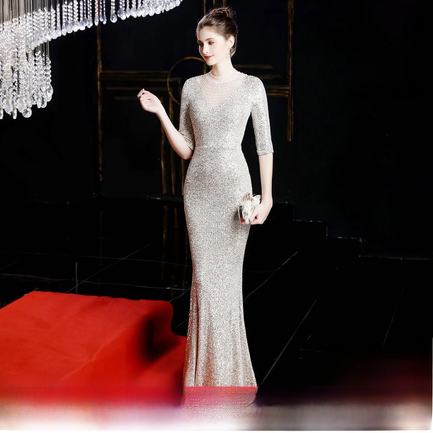 

Evening Gown 209 Svel Sequin Slim Fit Fi Tail Host Model ow KTV Nightclub Evening Dr Net Fabric Daily Date P...