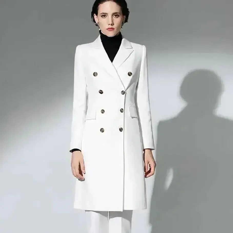 

White Long Women Pants Suits Slim Fit Double Breasted Office Female Sportswear Two Pieces Jacket Sets