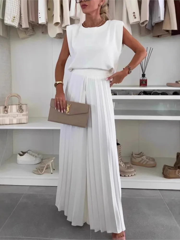 

Women's two pieces set Fashion suit round neck sleeveless top, pleated wide leg trousers sets, two-piece casual set pant sets