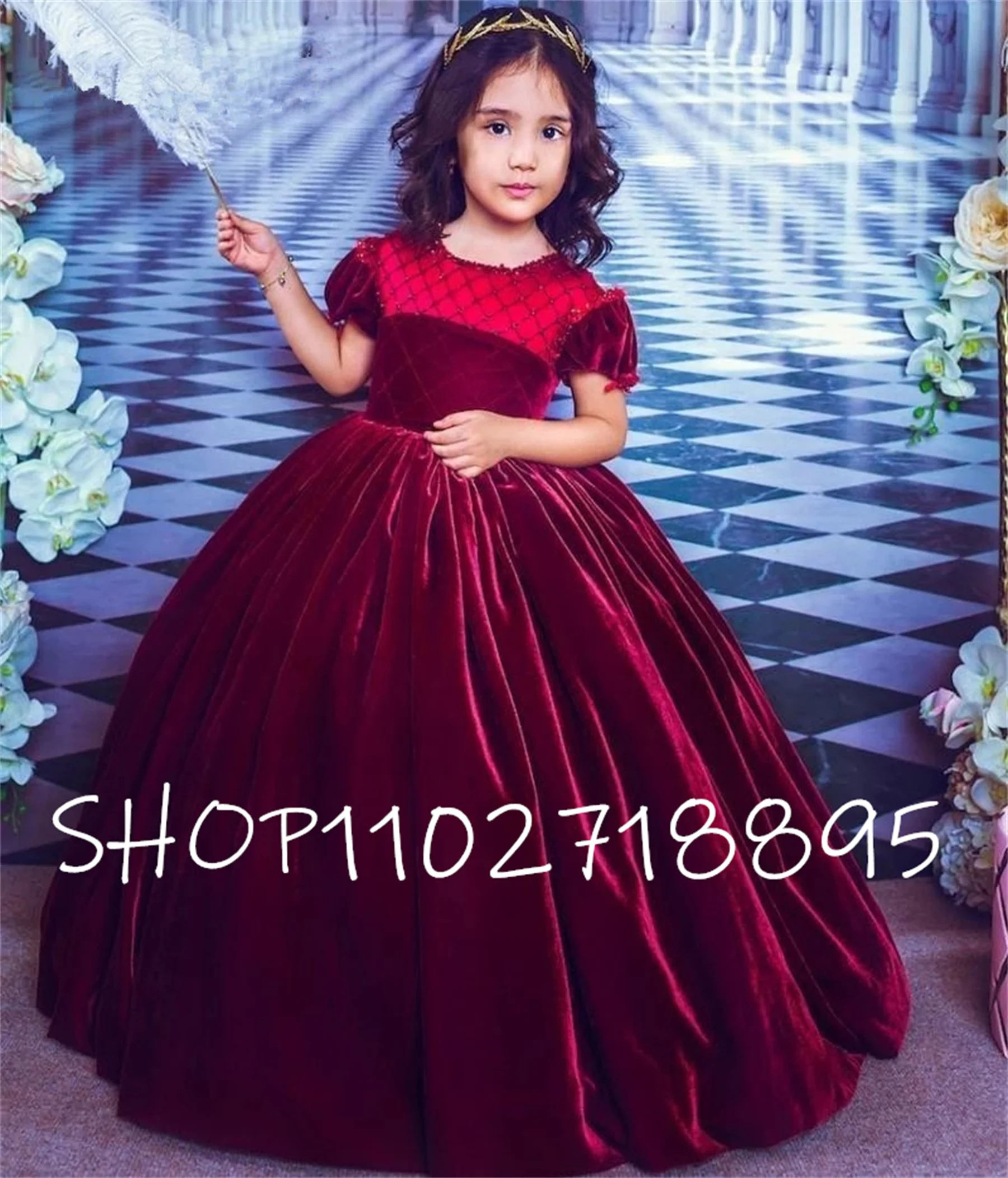 Long Flower Girl Dress For Wedding Glitter Lace Tulle Full Sleeves Princess A-Line First Communion Dress