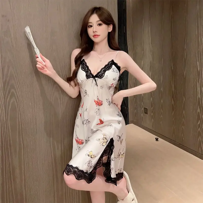 Ice Silk Bra Pad Camisole Pajamas Women Lace Lace Court Style Advanced Sex Appeal Night Robe Night Skirt Silk Sleepwear Women