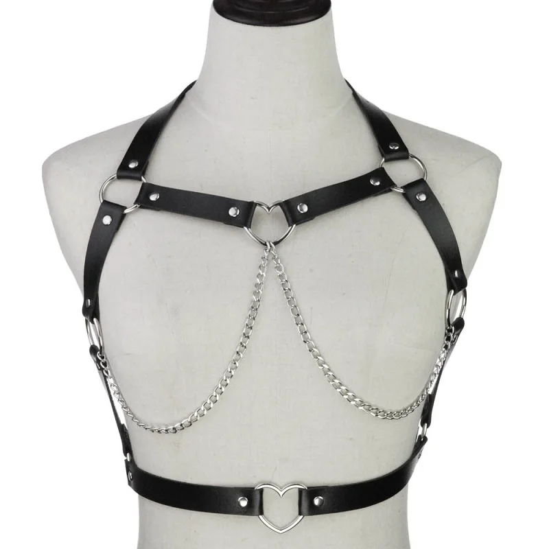 

Decopunk Women Sexy Heart Body Chain Jewelry PU Leather Shoulder Chest Chains Belly Belt Jewelry for Women Party Gothic Accessor