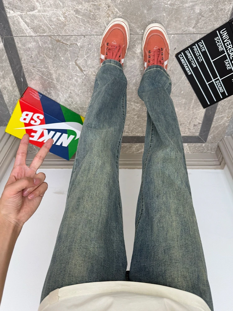 

Мужские летние тонкие джинсы прямого кроя в стиле ретро, синие, в американском уличном стиле, с эффектом стройности, с микро-клешем