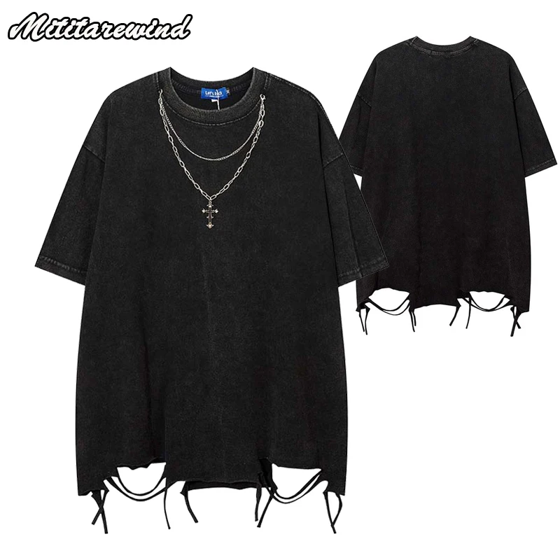 Hip Hop Streetwear T Shirt for Men Summer Ripped Hole Oversized T Shirt With Necklace Retro Short Sleeve Black White Tops Tees